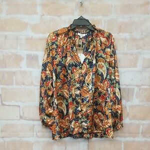 NWT Umgee Size L Orange Navy Multicolor Paisley Blouse